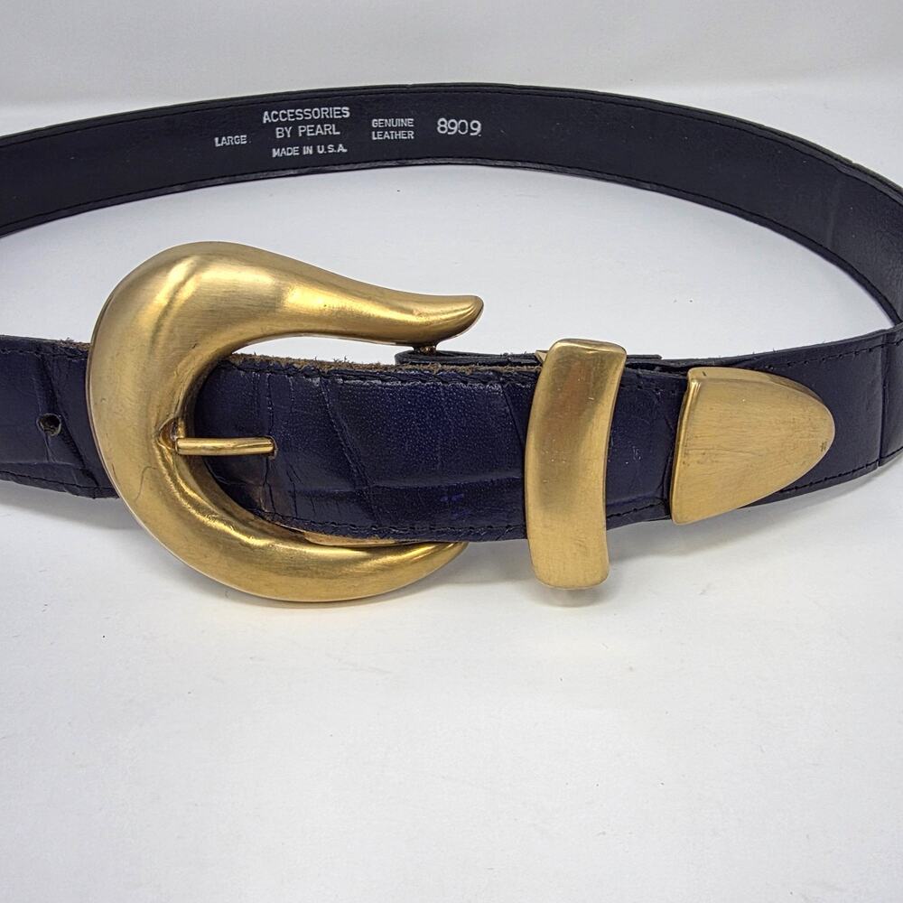 Vintage Accessories by Pearl Belt Womens Large Dark Blue Gold Buckle USA 80's